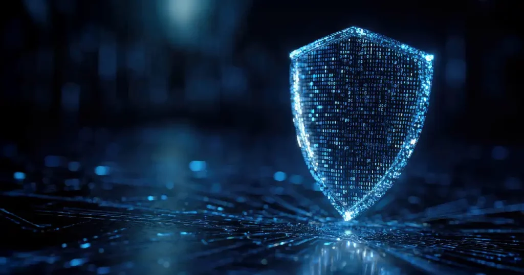 Escudo digital azul creado a partir de código binario