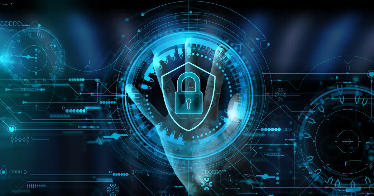 A hand behind a digital shield with a padlock