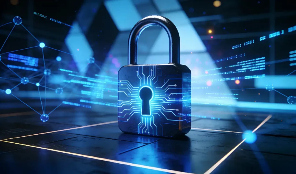 Digital Lock With Stats And Data Around It In A Cyber Environment