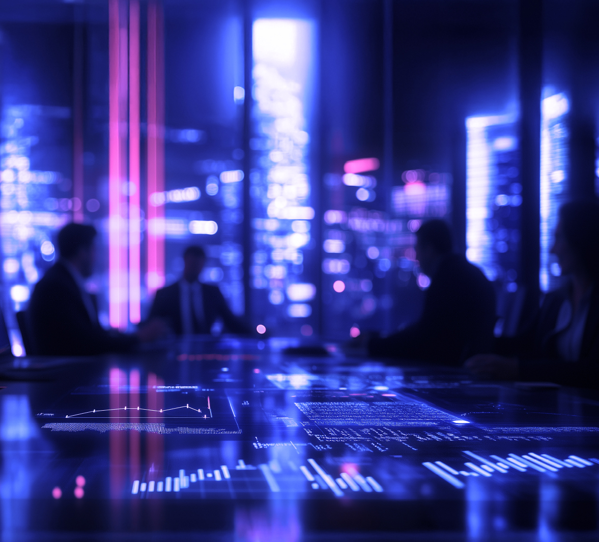 Blurred Image Of People Sitting At A Office Table With Statistics