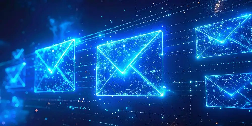 Sobres azules de correo electrónico flotando en un entorno digital