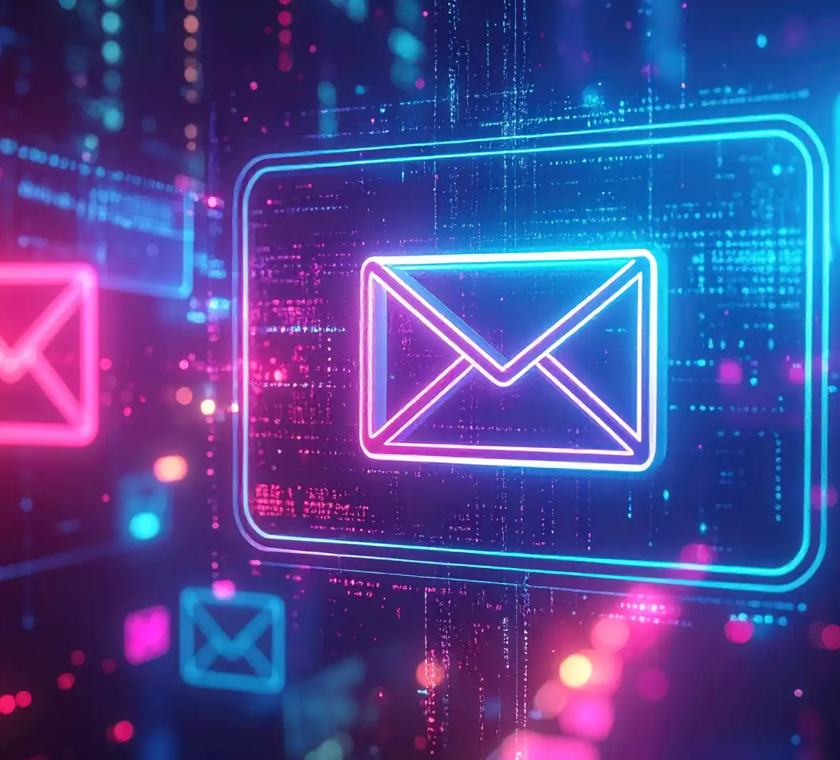 Sobre de correo electrónico en rosa neón y azul dentro de una bolsa protectora